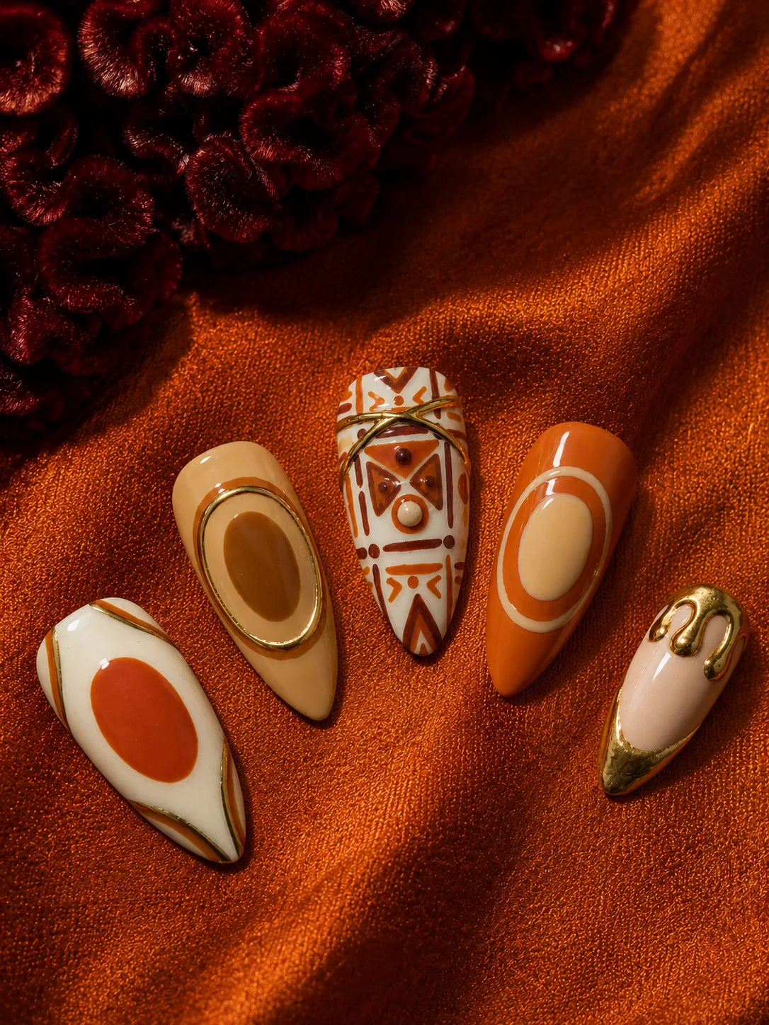 Terracotta Sun Gold Trim Press-On Nails - closeup2