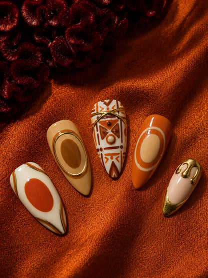 Terracotta Sun Gold Trim Press-On Nails - closeup2