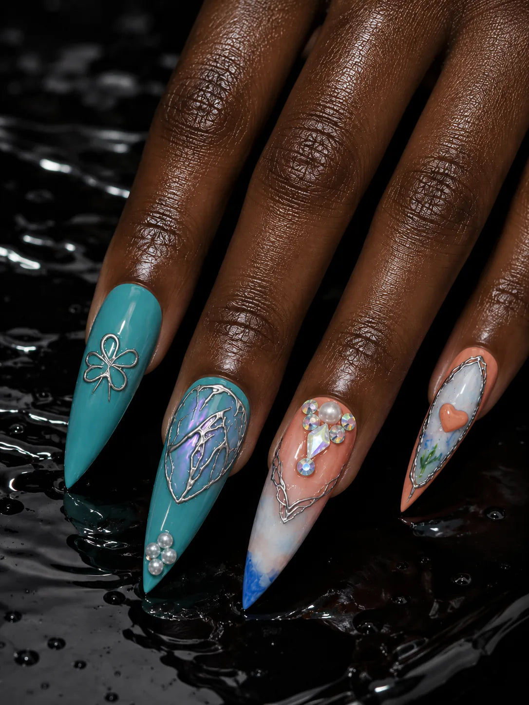 Watercolor Heart Silver Inlay Press-On Nails - hand2