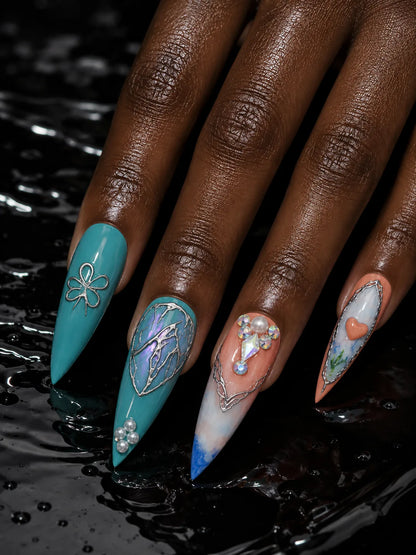 Watercolor Heart Silver Inlay Press-On Nails - hand2
