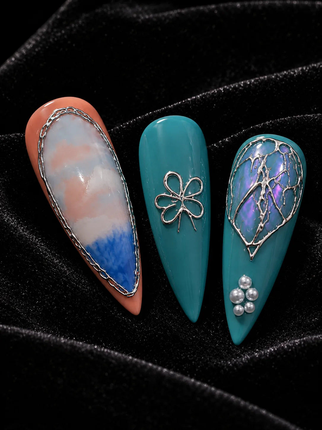 Watercolor Heart Silver Inlay Press-On Nails - closeup
