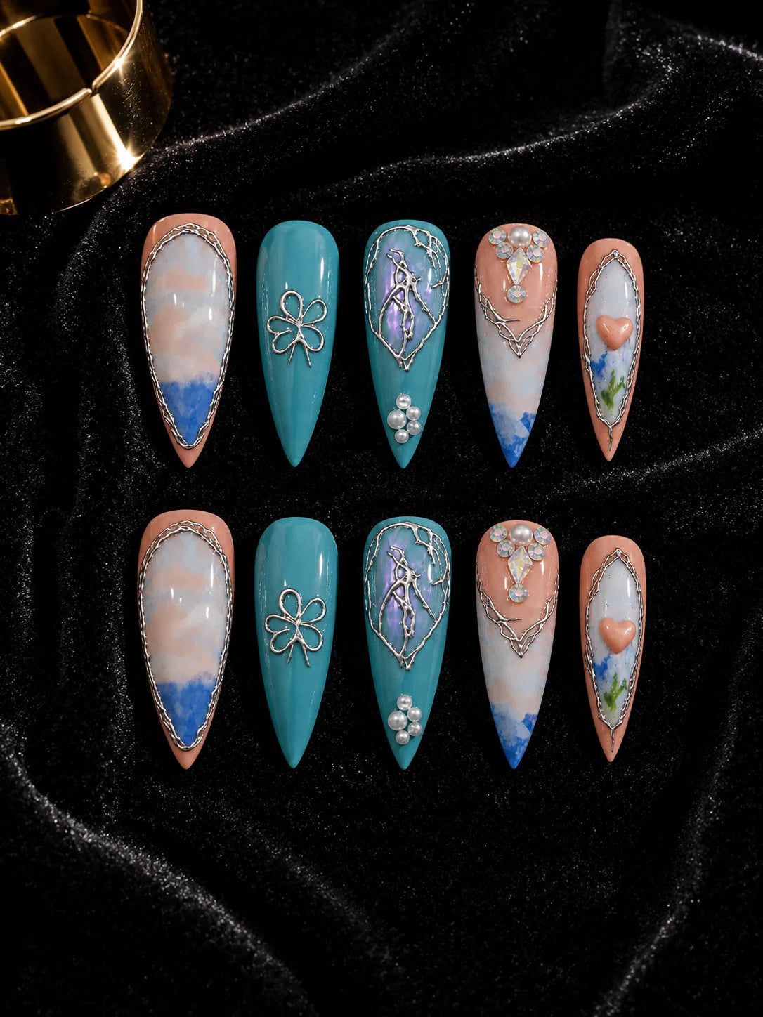Watercolor Heart Silver Inlay Press-On Nails - flatlay