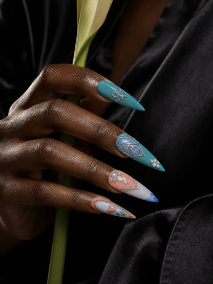 Watercolor Heart Silver Inlay Press-On Nails - life1
