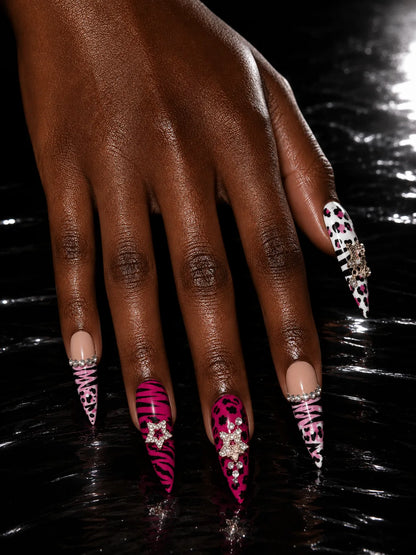 Wild Fever - Leopard Zebra Print Rhinestone Press-On Nails - hand1