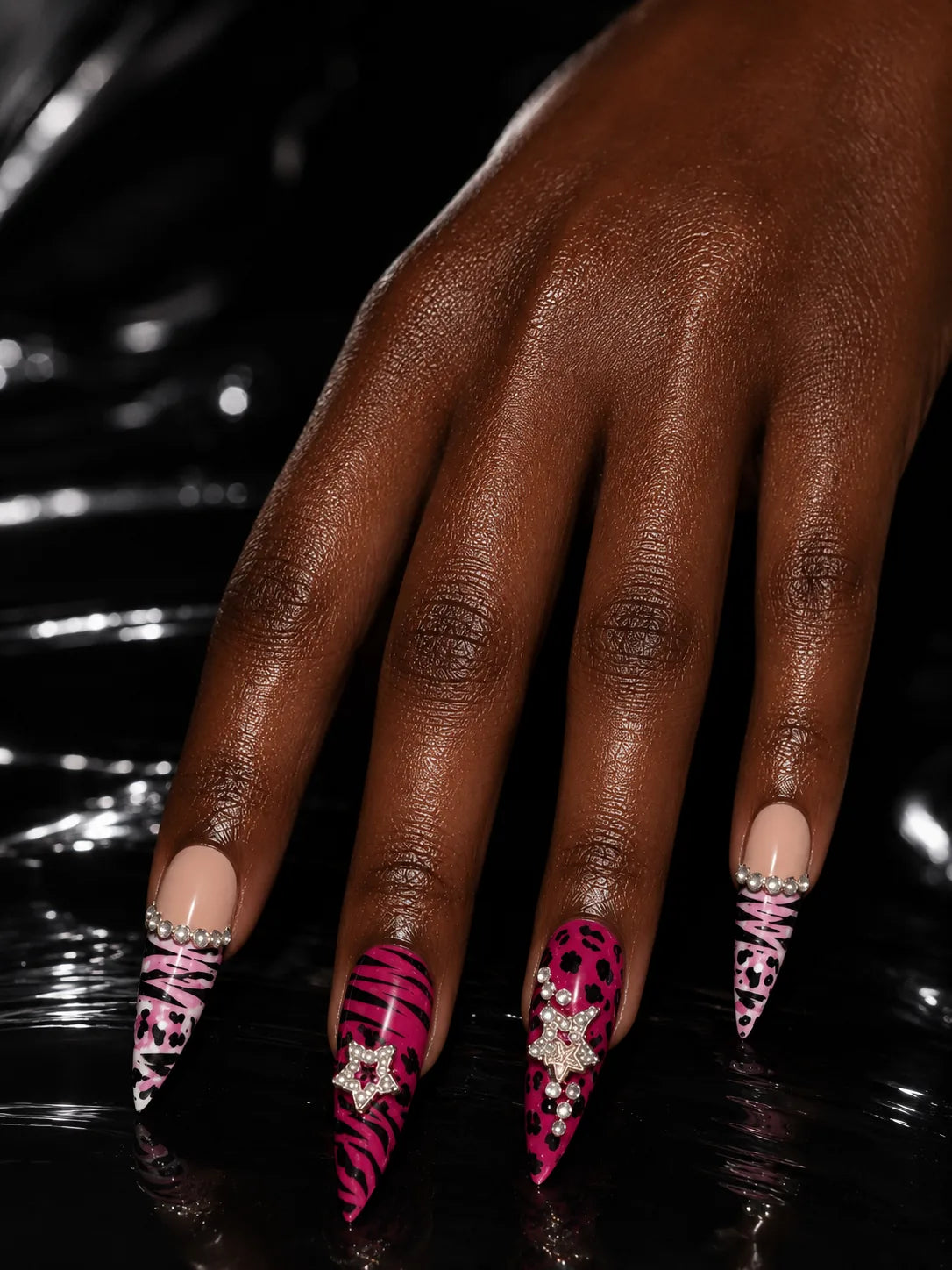 Wild Fever - Leopard Zebra Print Rhinestone Press-On Nails - hand2