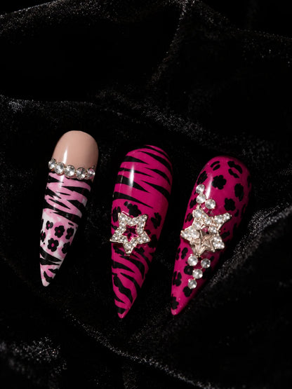 Wild Fever - Leopard Zebra Print Rhinestone Press-On Nails - closeup