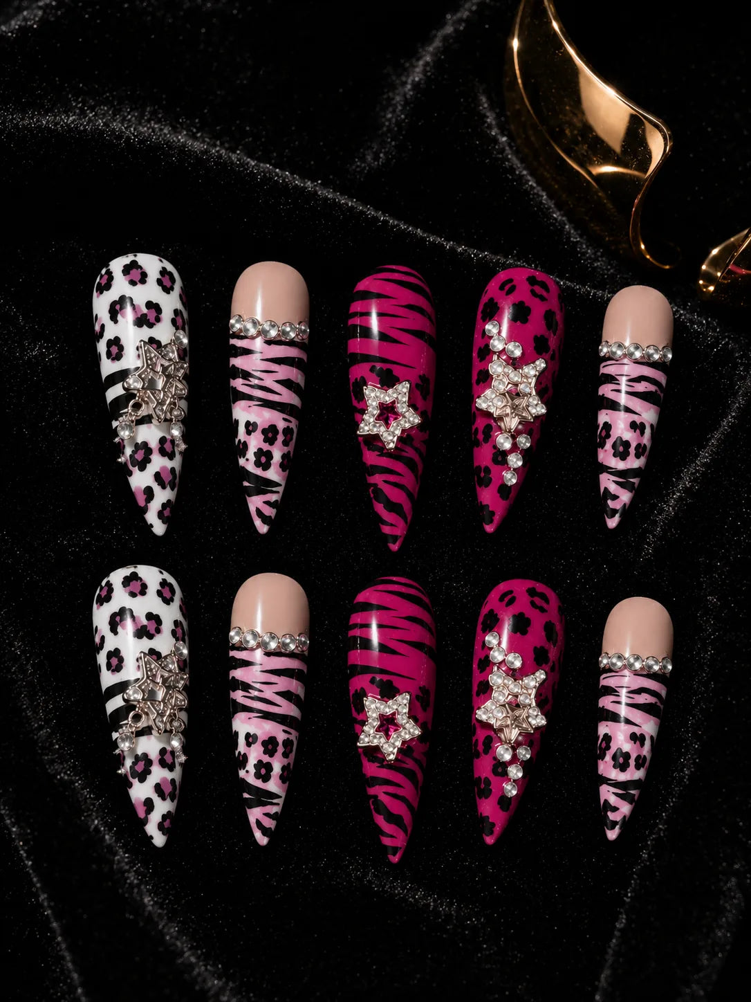 Wild Fever - Leopard Zebra Print Rhinestone Press-On Nails - flatlay
