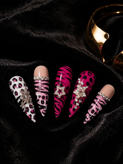 Wild Fever - Leopard Zebra Print Rhinestone Press-On Nails - closeup2