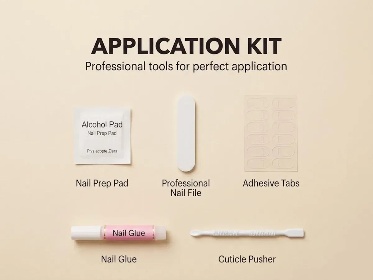 Application Kit — 5 professional tools included: Nail Prep Pad, Professional Nail File, Adhesive Tabs, Nail Glue, Cuticle Pusher