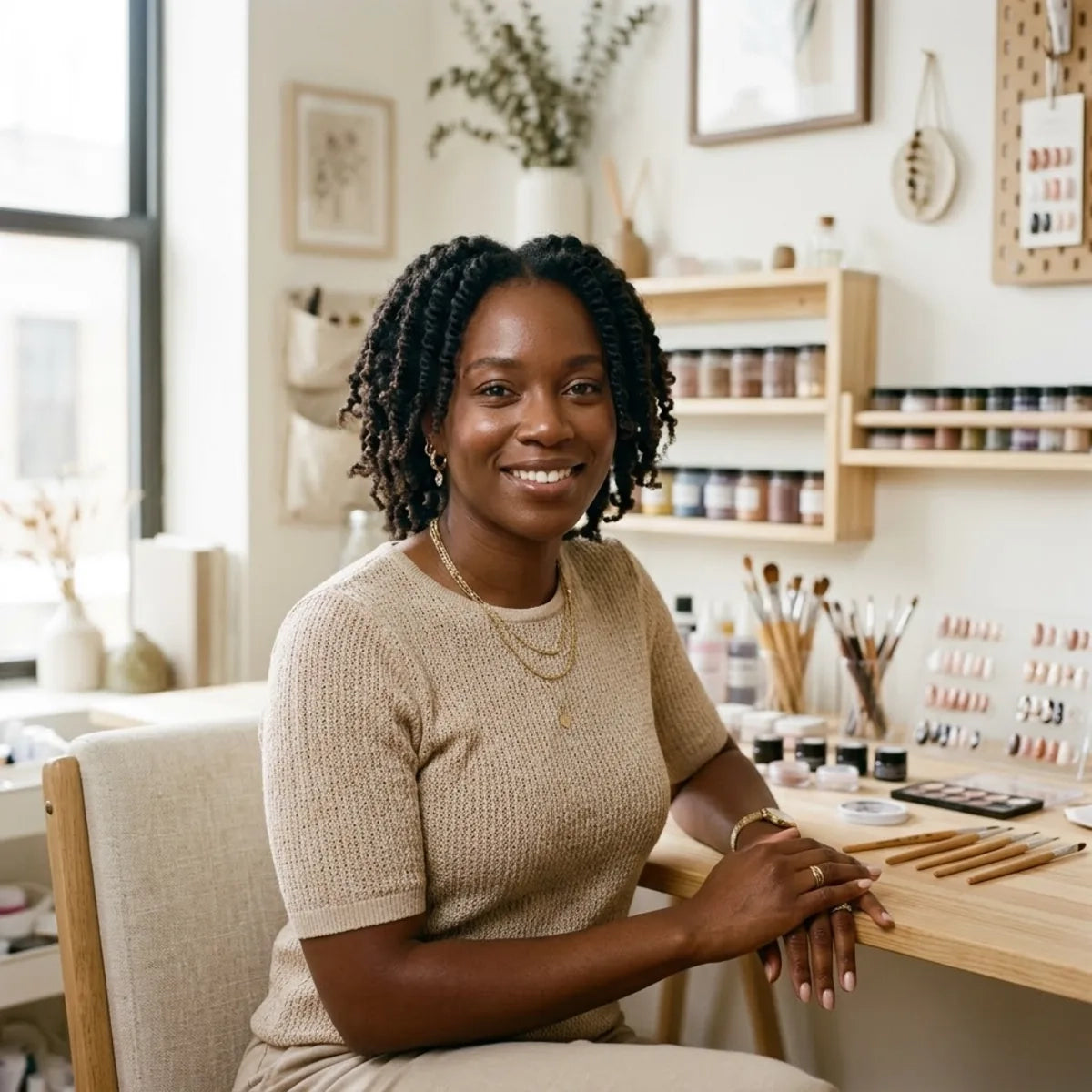 Crowned Mani founder in her atelier