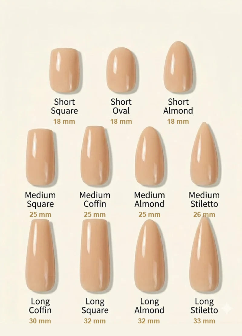 Nail shape and length matrix — Short 18mm, Medium 25-26mm, Long 30-33mm