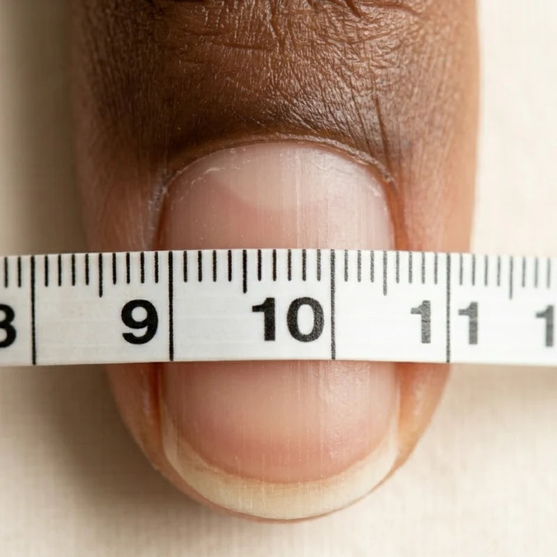 Soft ruler curved across natural nail to measure widest point